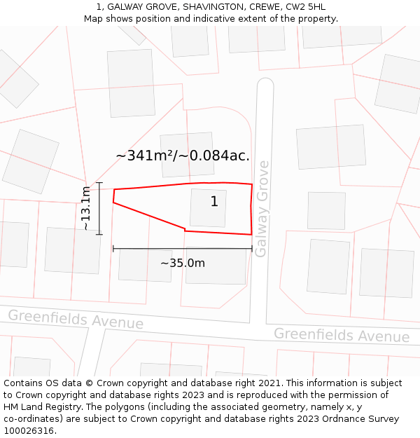 1, GALWAY GROVE, SHAVINGTON, CREWE, CW2 5HL: Plot and title map
