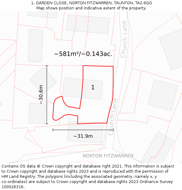 1, GARDEN CLOSE, NORTON FITZWARREN, TAUNTON, TA2 6QG: Plot and title map