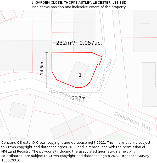 1, GARDEN CLOSE, THORPE ASTLEY, LEICESTER, LE3 3SD: Plot and title map