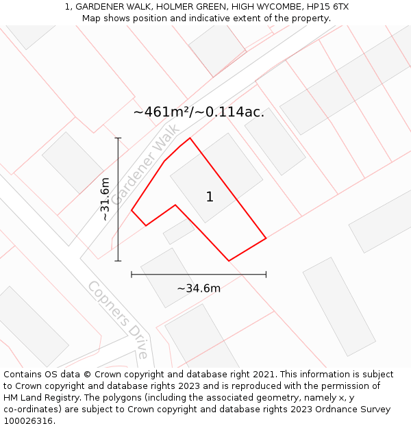 1, GARDENER WALK, HOLMER GREEN, HIGH WYCOMBE, HP15 6TX: Plot and title map