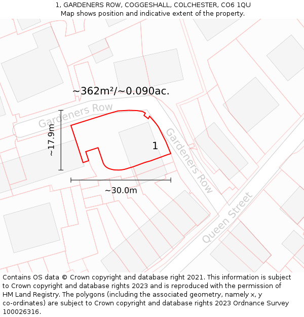 1, GARDENERS ROW, COGGESHALL, COLCHESTER, CO6 1QU: Plot and title map