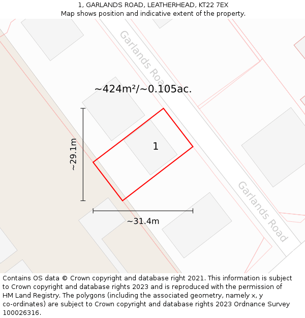 1, GARLANDS ROAD, LEATHERHEAD, KT22 7EX: Plot and title map