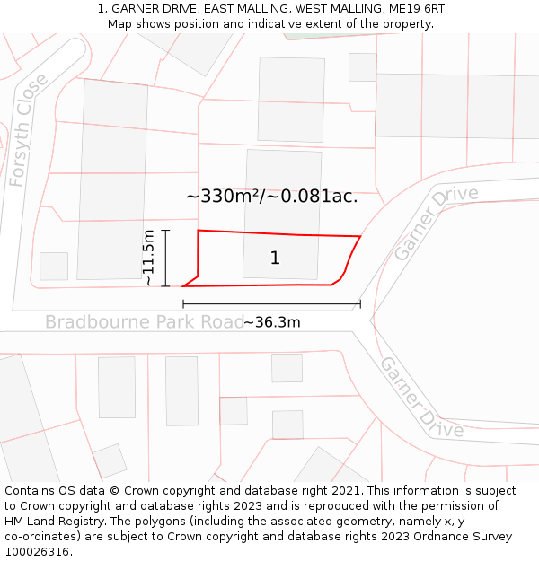1, GARNER DRIVE, EAST MALLING, WEST MALLING, ME19 6RT: Plot and title map
