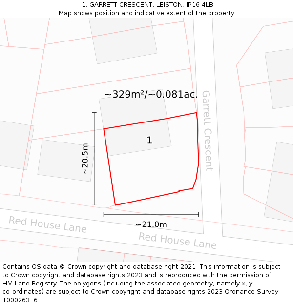 1, GARRETT CRESCENT, LEISTON, IP16 4LB: Plot and title map