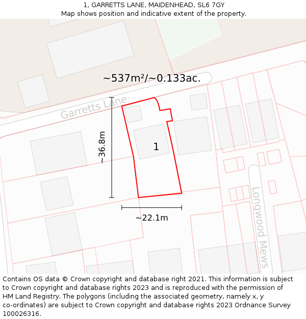 1, GARRETTS LANE, MAIDENHEAD, SL6 7GY: Plot and title map