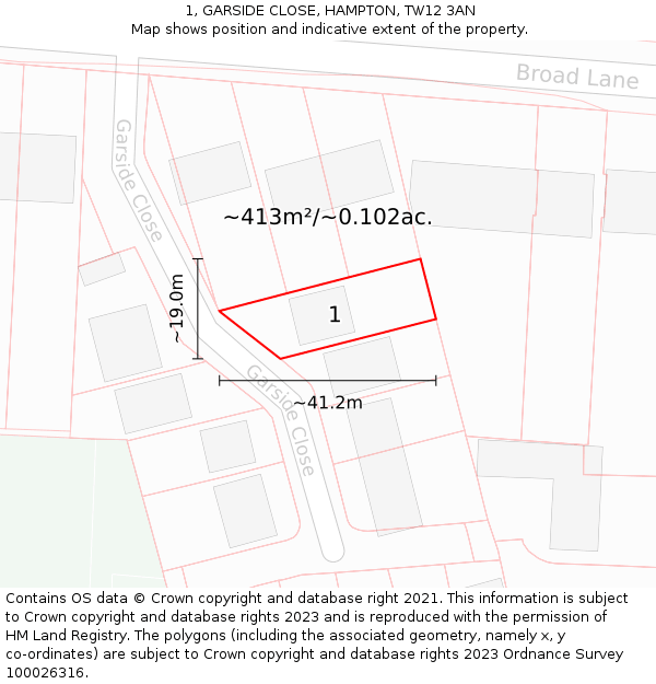 1, GARSIDE CLOSE, HAMPTON, TW12 3AN: Plot and title map