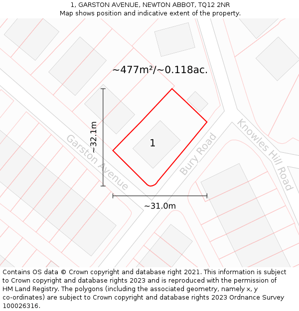 1, GARSTON AVENUE, NEWTON ABBOT, TQ12 2NR: Plot and title map