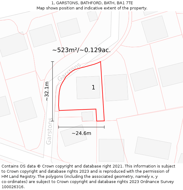 1, GARSTONS, BATHFORD, BATH, BA1 7TE: Plot and title map