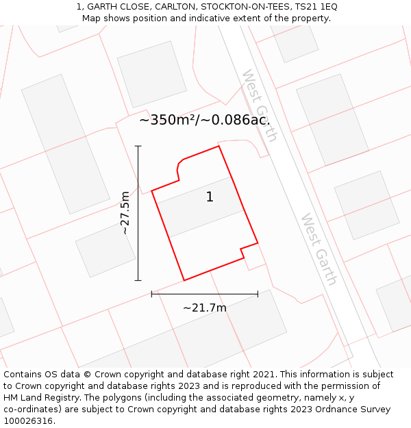 1, GARTH CLOSE, CARLTON, STOCKTON-ON-TEES, TS21 1EQ: Plot and title map