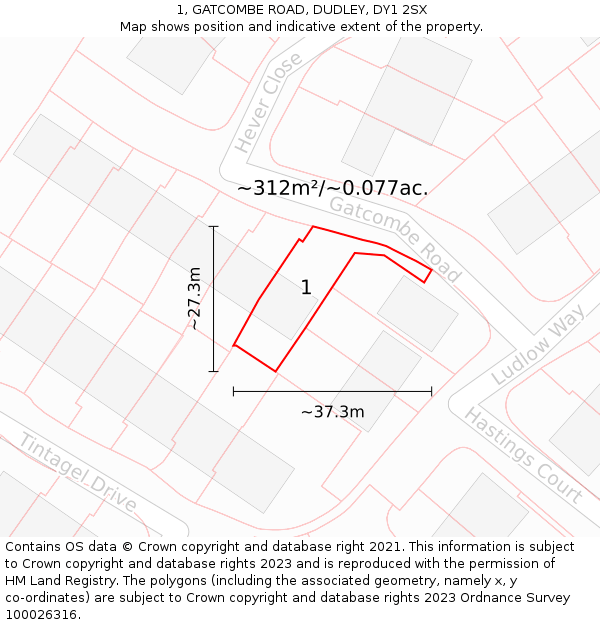 1, GATCOMBE ROAD, DUDLEY, DY1 2SX: Plot and title map