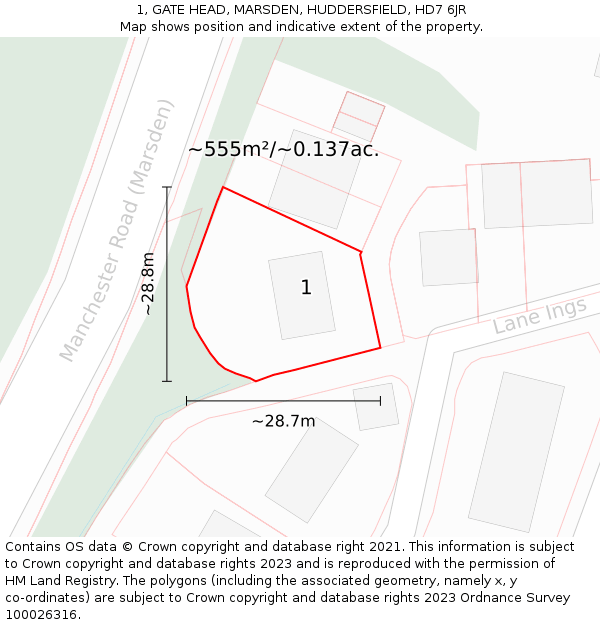 1, GATE HEAD, MARSDEN, HUDDERSFIELD, HD7 6JR: Plot and title map