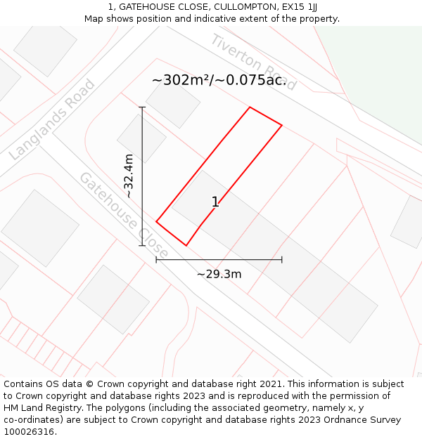 1, GATEHOUSE CLOSE, CULLOMPTON, EX15 1JJ: Plot and title map