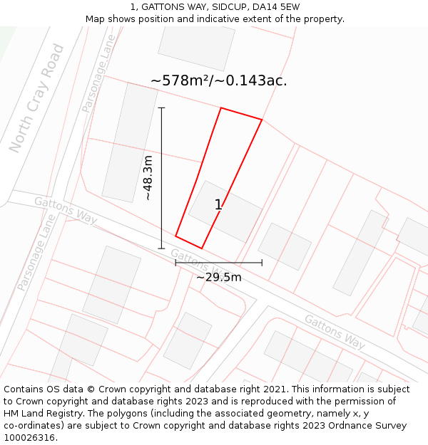 1, GATTONS WAY, SIDCUP, DA14 5EW: Plot and title map