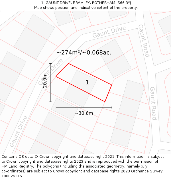 1, GAUNT DRIVE, BRAMLEY, ROTHERHAM, S66 3YJ: Plot and title map