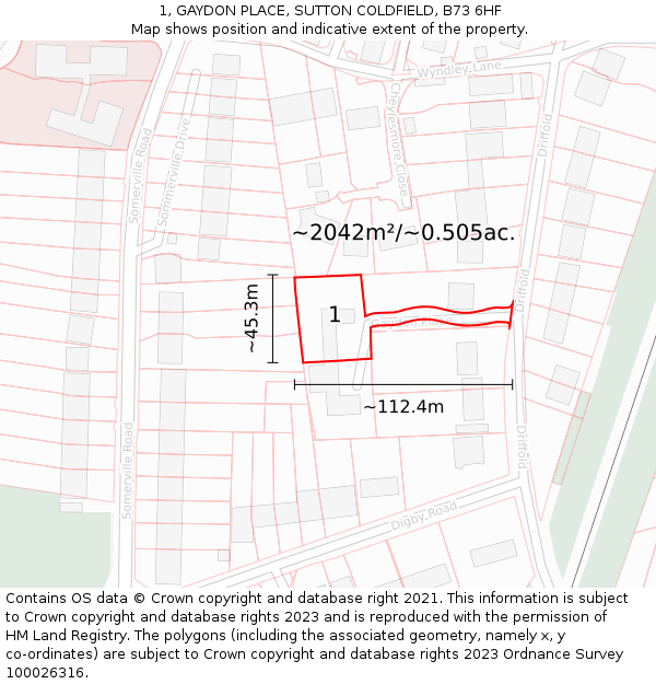 1, GAYDON PLACE, SUTTON COLDFIELD, B73 6HF: Plot and title map