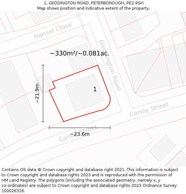 1, GEDDINGTON ROAD, PETERBOROUGH, PE2 9SH: Plot and title map