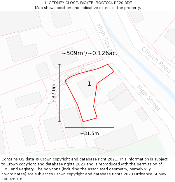 1, GEDNEY CLOSE, BICKER, BOSTON, PE20 3DE: Plot and title map