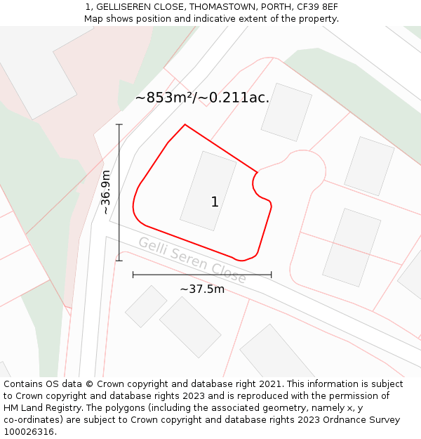 1, GELLISEREN CLOSE, THOMASTOWN, PORTH, CF39 8EF: Plot and title map