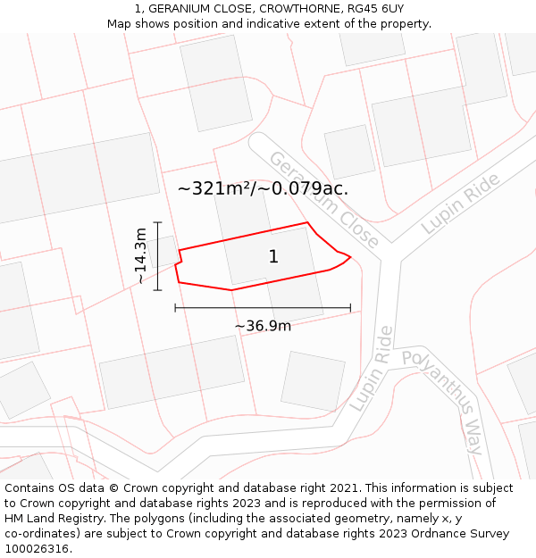1, GERANIUM CLOSE, CROWTHORNE, RG45 6UY: Plot and title map