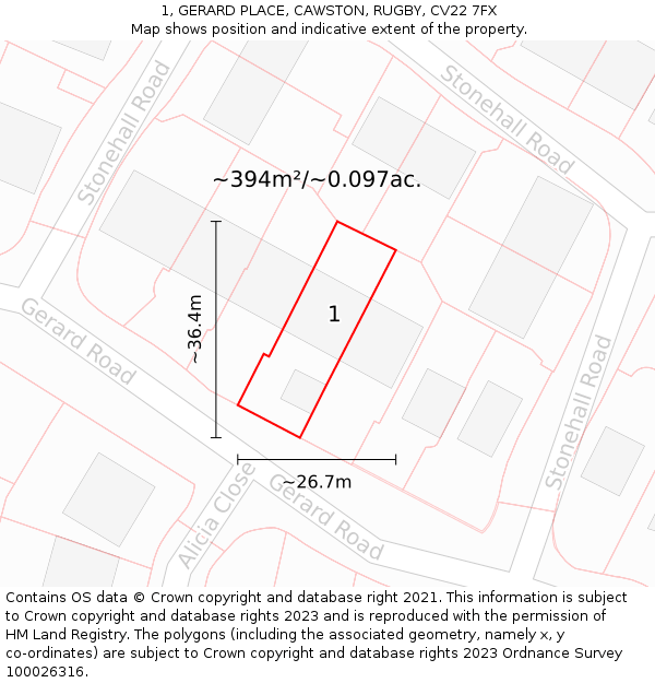 1, GERARD PLACE, CAWSTON, RUGBY, CV22 7FX: Plot and title map