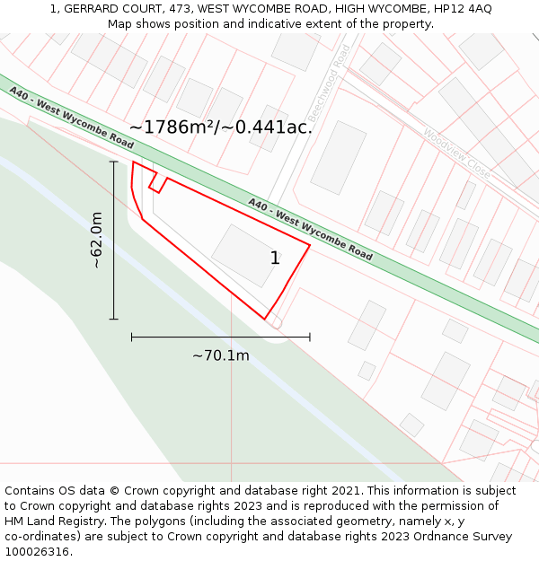 1, GERRARD COURT, 473, WEST WYCOMBE ROAD, HIGH WYCOMBE, HP12 4AQ: Plot and title map