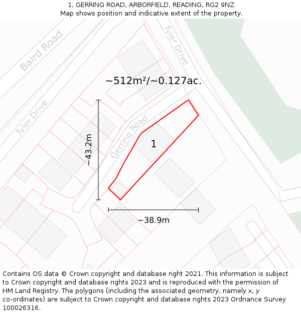 1, GERRING ROAD, ARBORFIELD, READING, RG2 9NZ: Plot and title map