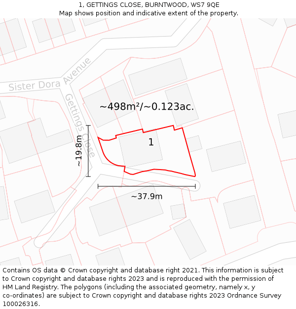 1, GETTINGS CLOSE, BURNTWOOD, WS7 9QE: Plot and title map