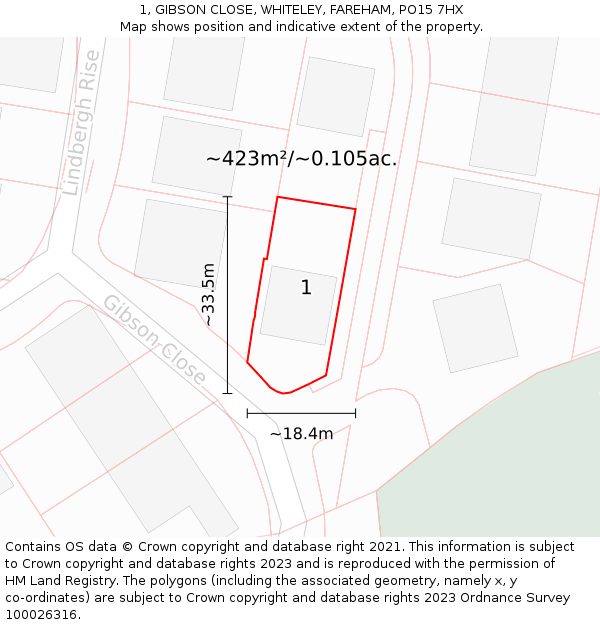 1, GIBSON CLOSE, WHITELEY, FAREHAM, PO15 7HX: Plot and title map