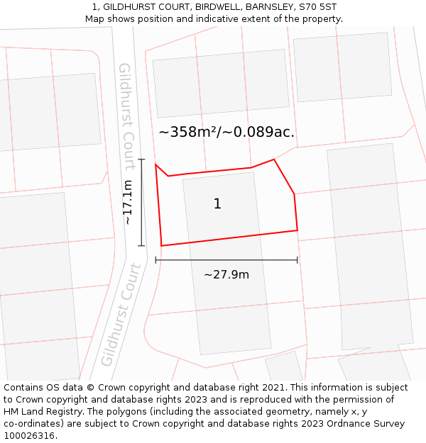 1, GILDHURST COURT, BIRDWELL, BARNSLEY, S70 5ST: Plot and title map