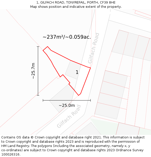 1, GILFACH ROAD, TONYREFAIL, PORTH, CF39 8HE: Plot and title map