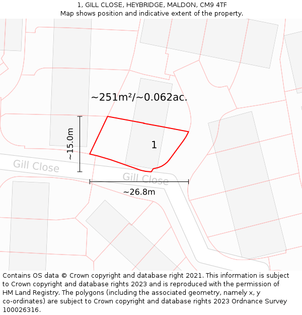 1, GILL CLOSE, HEYBRIDGE, MALDON, CM9 4TF: Plot and title map