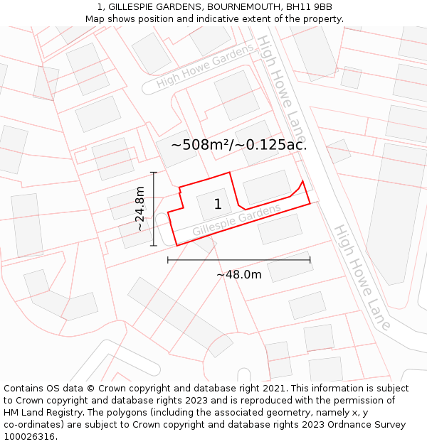 1, GILLESPIE GARDENS, BOURNEMOUTH, BH11 9BB: Plot and title map
