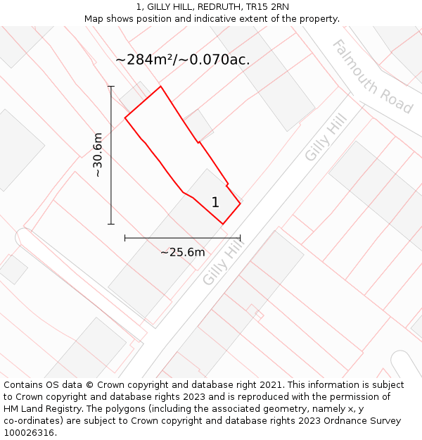 1, GILLY HILL, REDRUTH, TR15 2RN: Plot and title map