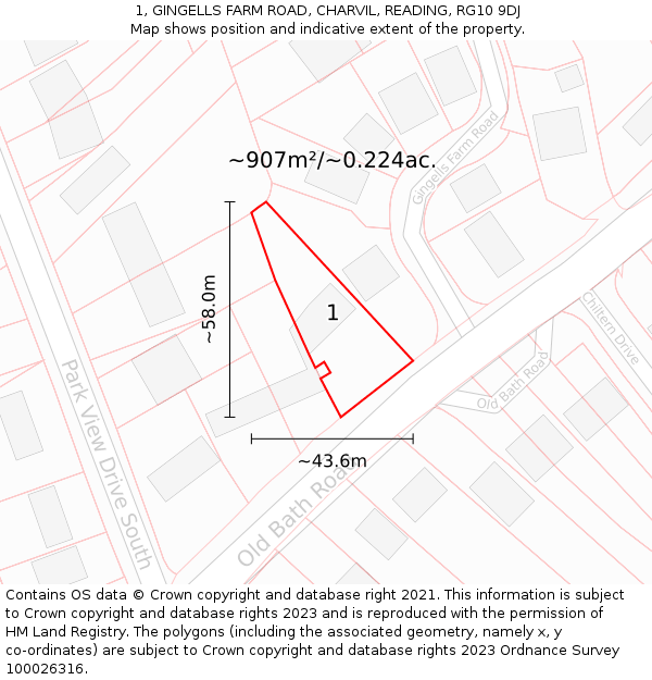1, GINGELLS FARM ROAD, CHARVIL, READING, RG10 9DJ: Plot and title map