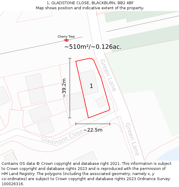 1, GLADSTONE CLOSE, BLACKBURN, BB2 4BF: Plot and title map