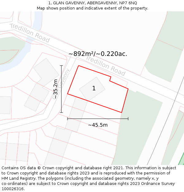 1, GLAN GAVENNY, ABERGAVENNY, NP7 6NQ: Plot and title map