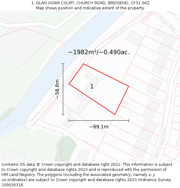 1, GLAN OGWR COURT, CHURCH ROAD, BRIDGEND, CF31 3AZ: Plot and title map