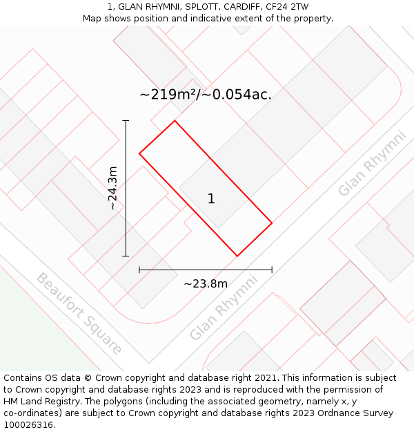 1, GLAN RHYMNI, SPLOTT, CARDIFF, CF24 2TW: Plot and title map