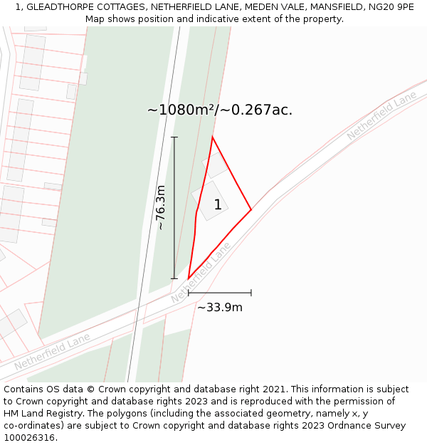 1, GLEADTHORPE COTTAGES, NETHERFIELD LANE, MEDEN VALE, MANSFIELD, NG20 9PE: Plot and title map