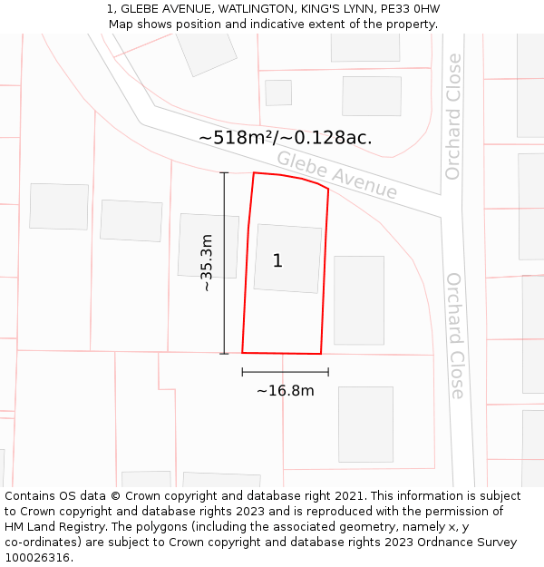 1, GLEBE AVENUE, WATLINGTON, KING'S LYNN, PE33 0HW: Plot and title map