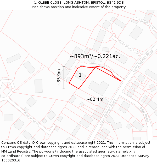 1, GLEBE CLOSE, LONG ASHTON, BRISTOL, BS41 9DB: Plot and title map