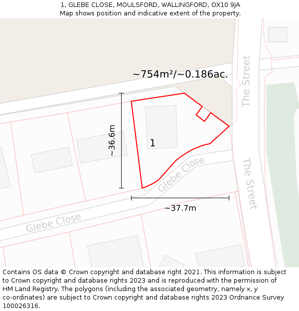 1, GLEBE CLOSE, MOULSFORD, WALLINGFORD, OX10 9JA: Plot and title map