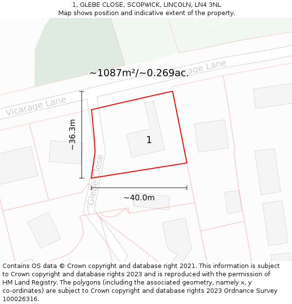 1, GLEBE CLOSE, SCOPWICK, LINCOLN, LN4 3NL: Plot and title map