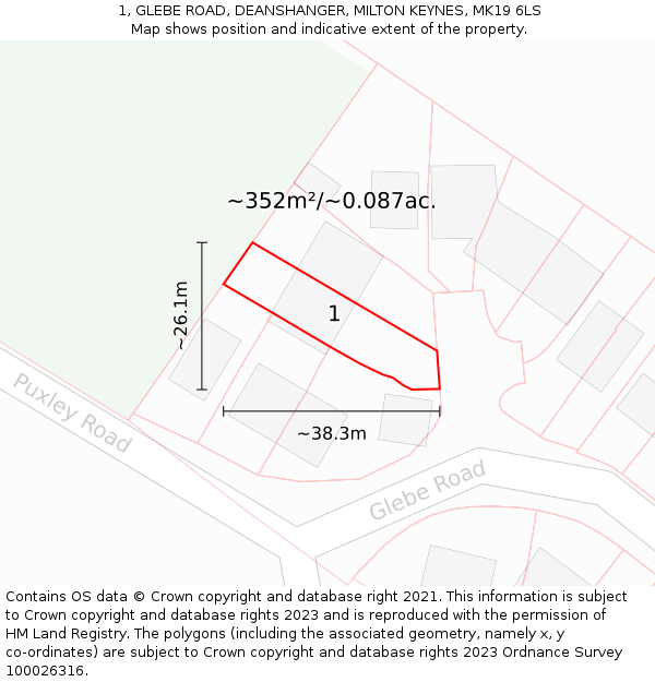 1, GLEBE ROAD, DEANSHANGER, MILTON KEYNES, MK19 6LS: Plot and title map