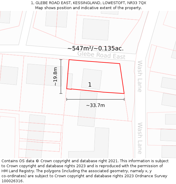 1, GLEBE ROAD EAST, KESSINGLAND, LOWESTOFT, NR33 7QX: Plot and title map