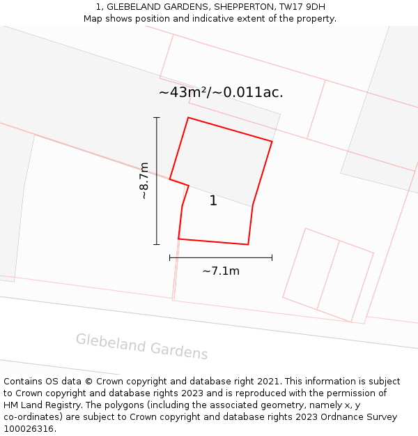 1, GLEBELAND GARDENS, SHEPPERTON, TW17 9DH: Plot and title map