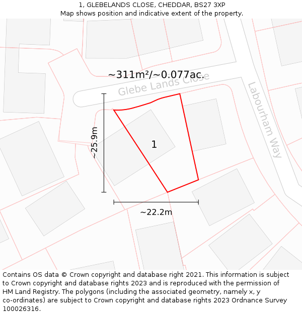 1, GLEBELANDS CLOSE, CHEDDAR, BS27 3XP: Plot and title map