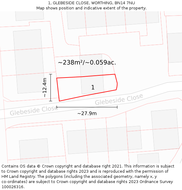 1, GLEBESIDE CLOSE, WORTHING, BN14 7NU: Plot and title map