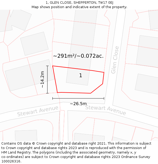 1, GLEN CLOSE, SHEPPERTON, TW17 0EJ: Plot and title map