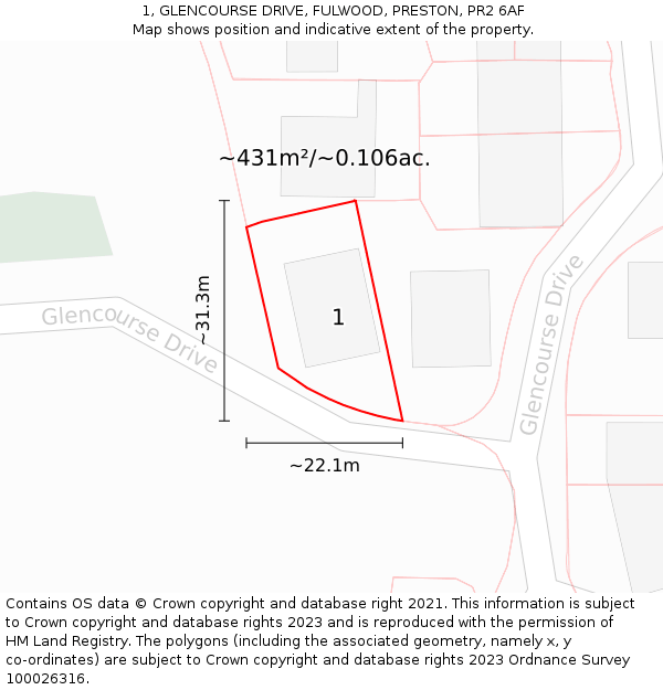 1, GLENCOURSE DRIVE, FULWOOD, PRESTON, PR2 6AF: Plot and title map